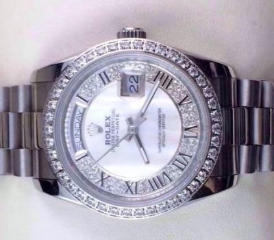 Rolex Day Date Diamond Copy Watch - Silver Diamond & Roman Markers